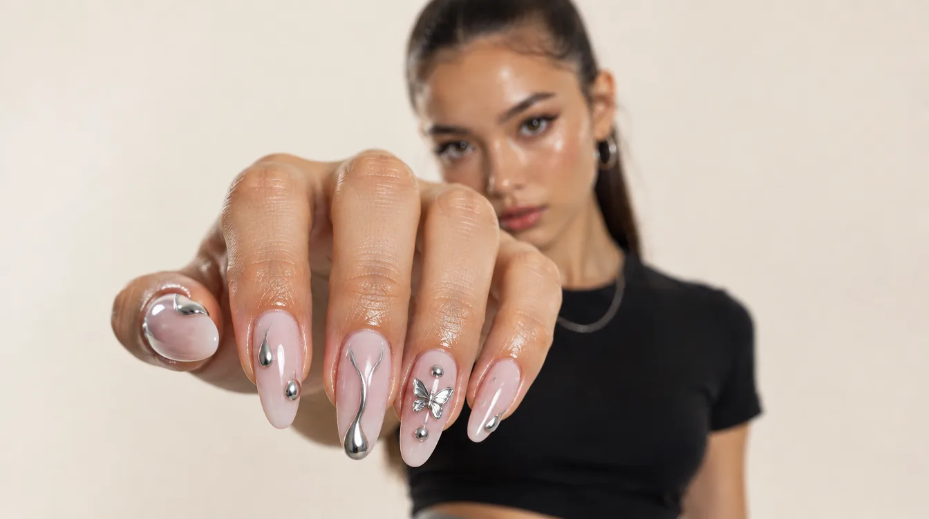 Pembe ve krom detaylı nail art; örnek tasarım görseli 3